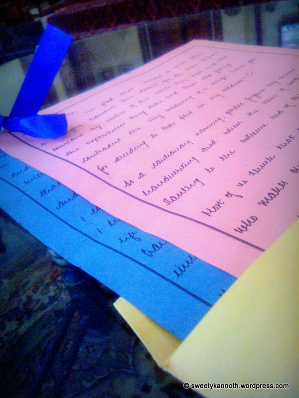 The 'special' letter from an extremely thoughtful blogger friend :) I loved the care with which it was written ,and tied together using the blue ribbons ! Speaks volumes about the writer :D